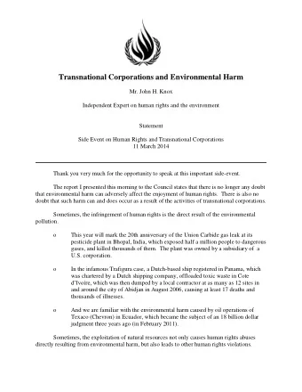 Transnational Corporations and Environmental Harm  Mr. John H. Knox  Independent Expert on human