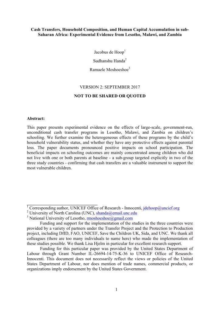 cash transfers household composition and human capital