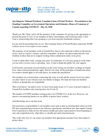 Jan Simpson, National President, Canadian Union of Postal Workers  Presentation to the  Standing