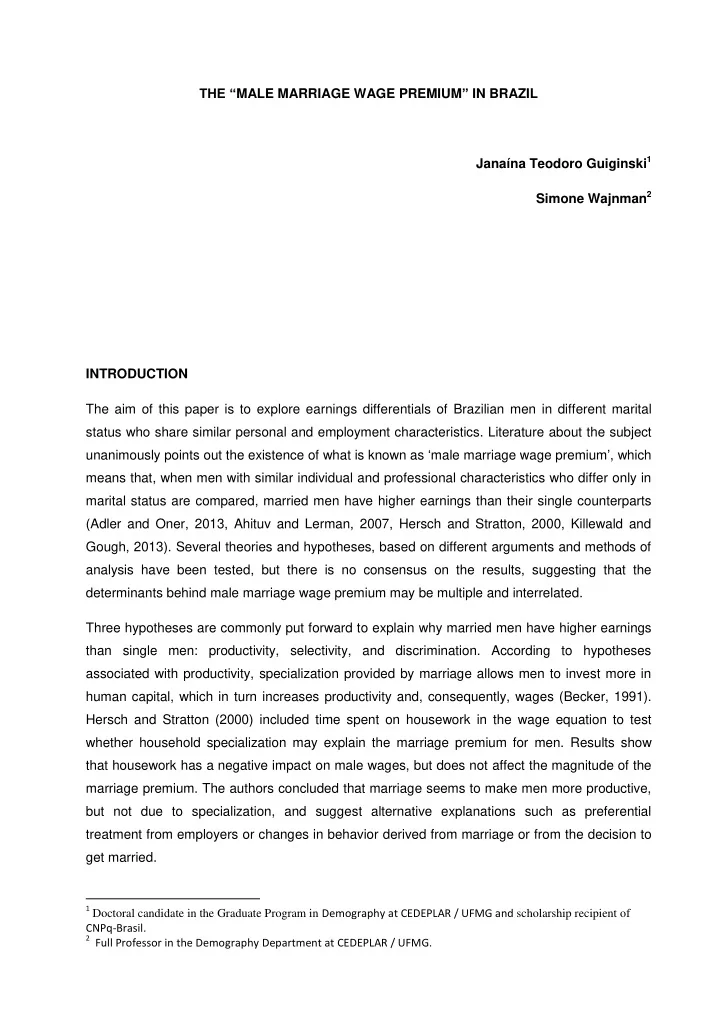 the male marriage wage premium in brazil jana na teodoro