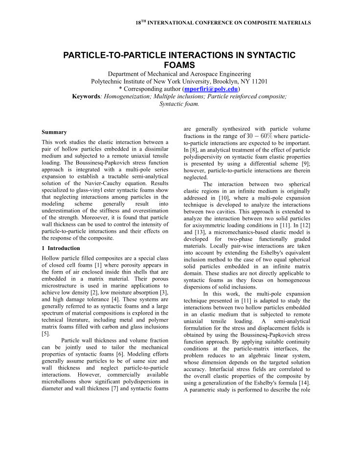 particle to particle interactions in syntactic foams