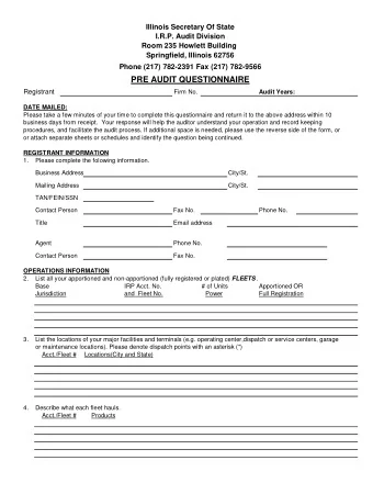 PRE AUDIT QUESTIONNAIRE  Registrant  Firm No.  Audit Years:  DATE MAILED:  Please take a few