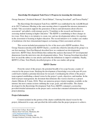 Knowledge Development Task Force I: Progress in Assessing the Literature George Smeaton 1 ,