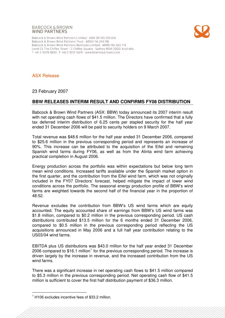 asx release 23 february 2007 bbw releases interim result