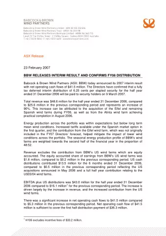 ASX Release  23 February 2007 BBW RELEASES INTERIM RESULT AND CONFIRMS FY08 DISTRIBUTION  Babcock