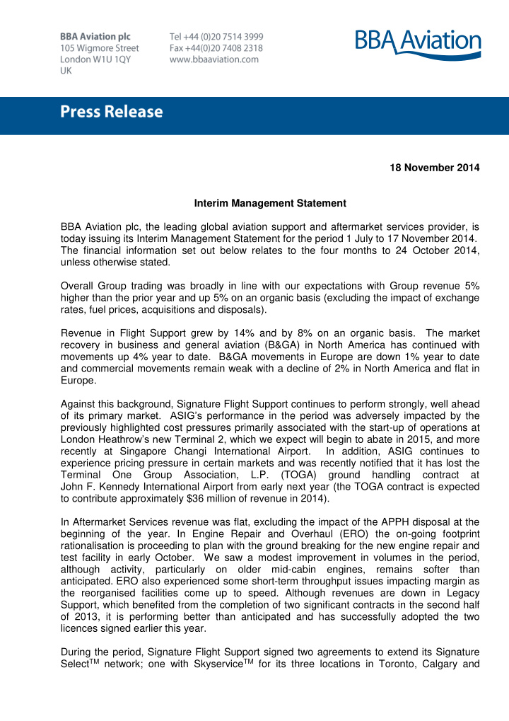 18 november 2014 interim management statement bba