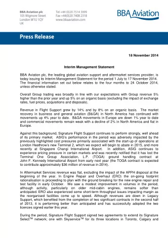 18 November 2014  Interim Management Statement  BBA Aviation plc, the leading global aviation