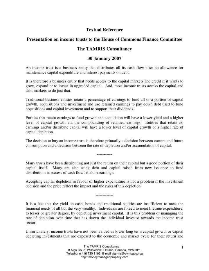 textual reference presentation on income trusts to the