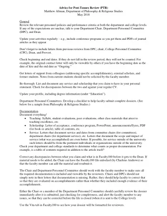 Advice for Post-Tenure Review (PTR)  Matthew Altman, Department of Philosophy &amp; Religious