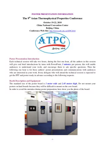 POSTER PRESENTATION INFORMATION The 9 th Asian Thermophysical Properties Conference  October 19-22,