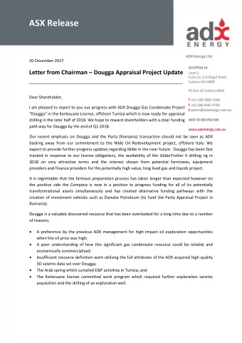 ASX Release 20 December 2017  Letter from Chairman  Dougga Appraisal Project Update  Dear