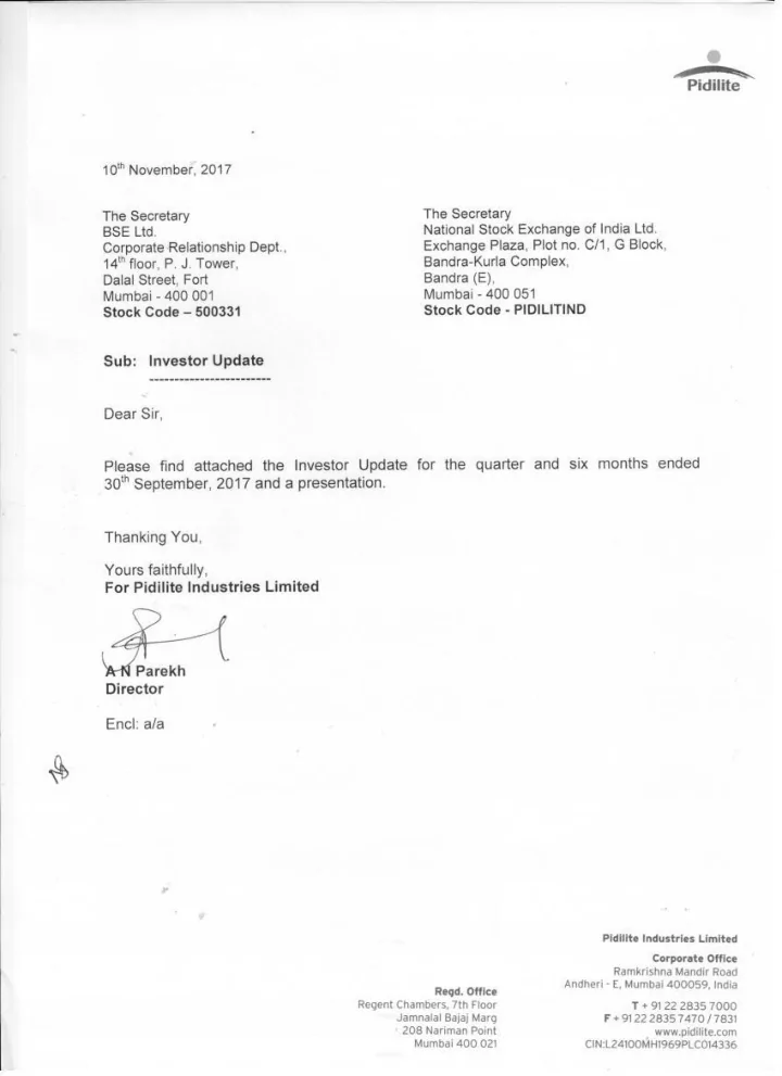 pidilite industries limited investor update quarter and