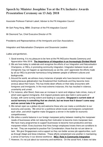 Speech by Minister Josephine Teo at the PA Inclusive Awards  Presentation Ceremony on 13 July 2018