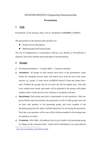 SEEM3600/SEEM3810 Engineering Entrepreneurship  Presentation 1. Task Presentation of the business
