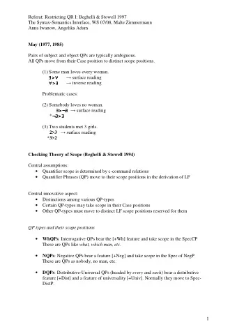 Referat: Restricting QR I: Beghelli &amp; Stowell 1997  The Syntax-Semantics Interface, WS 07/08,