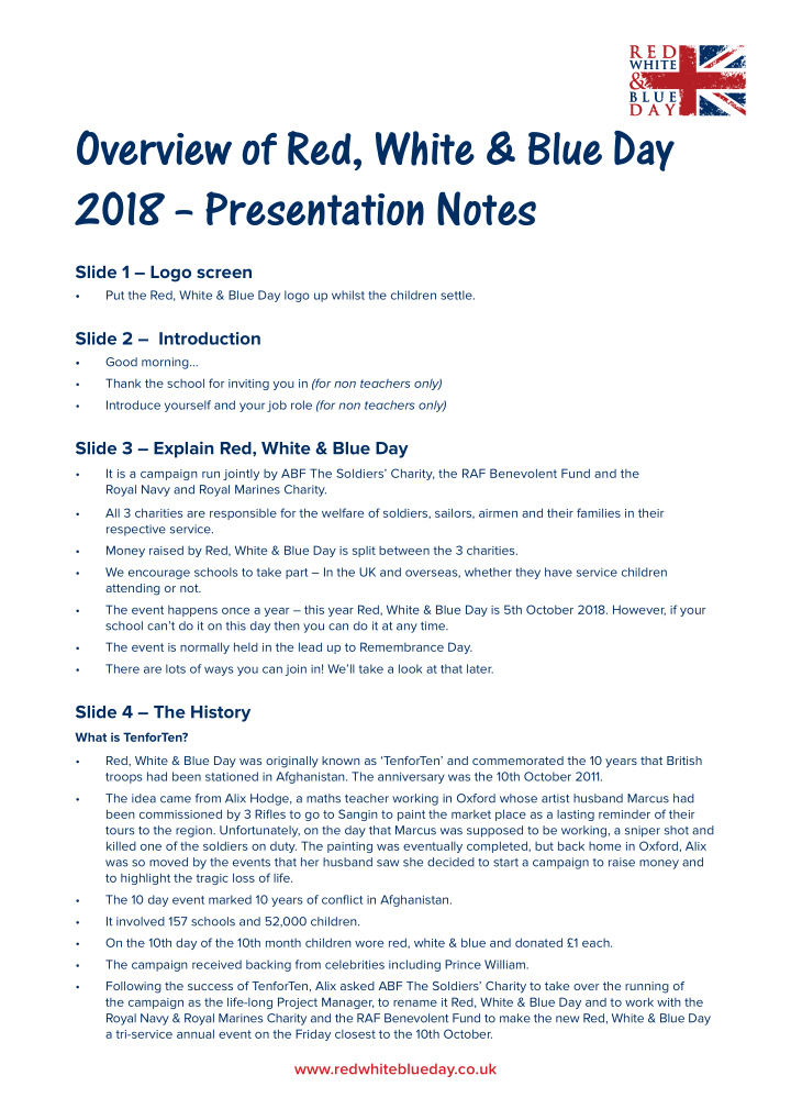 overview of red white blue day 2018 presentation notes