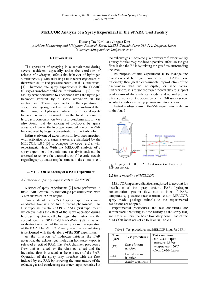 melcor analysis of a spray experiment in the sparc test