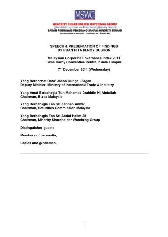 SPEECH &amp; PRESENTATION OF FINDINGS  BY PUAN RITA BENOY BUSHON  Malaysian Corporate Governance