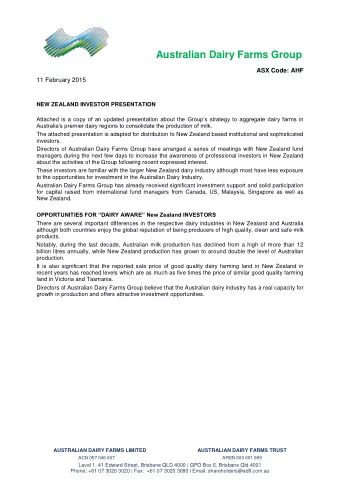 Australian Dairy Farms Group  ASX Code: AHF  11 February 2015  NEW ZEALAND INVESTOR PRESENTATION