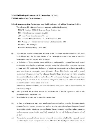MS&amp;AD Holdings Conference Call (November 19, 2018)  FY2018 2Q Briefing Q&amp;A Summary  Below