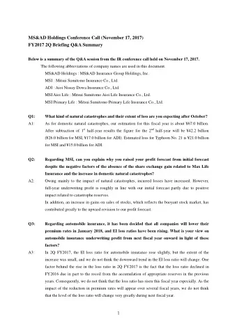 MS&amp;AD Holdings Conference Call (November 17, 2017)  FY2017 2Q Briefing Q&amp;A Summary  Below