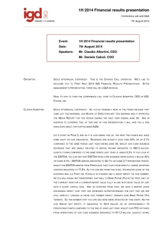 1H 2014 Financial results presentation  Conference call and Q&amp;A  7th August 2014  Event:  1H