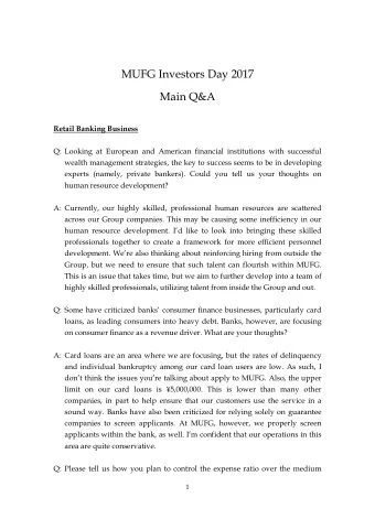 MUFG Investors Day 2017  Main Q&amp;A  Retail Banking Business  Q: Looking at European and American