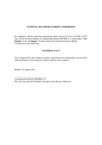 NATIONAL SECURITIES MARKET COMMISSION In compliance with the reporting requirements under Article