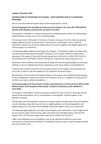 Ljubljana, November 2018  HOUSING FUND OF THE REPUBLIC OF SLOVENIA - SHORT PRESENTATION OF