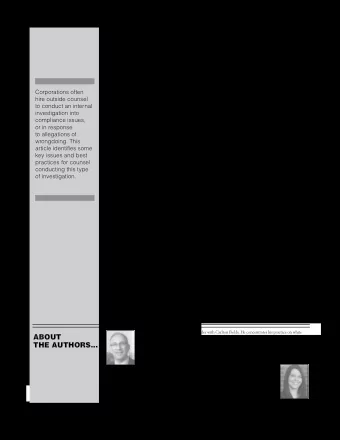 K EY I SSUES AND B EST P RACTICES FOR C ORPORATE I NTERNAL I NVESTIGATIONS  by Adam P. Schwartz and