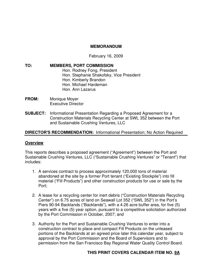 memorandum february 16 2009 to members port commission