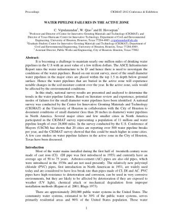 WATER PIPELINE FAILURES IN THE ACTIVE ZONE C. Vipulanandan 1 , W. Qiao 2 and H. Hovsepian 3 1