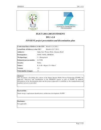 FI.ICT-2011-285135 FINSENY  D9.1 v1.0  FINSENY project presentation and dissemination plan