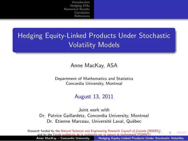 hedging equity linked products under stochastic