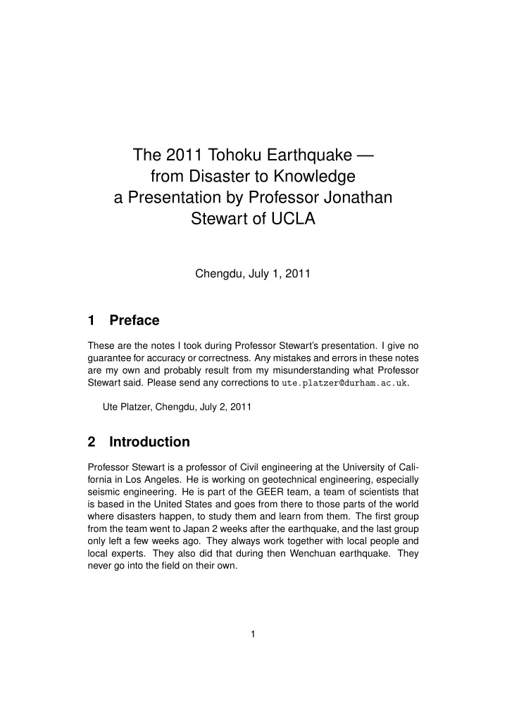 the 2011 tohoku earthquake from disaster to knowledge a