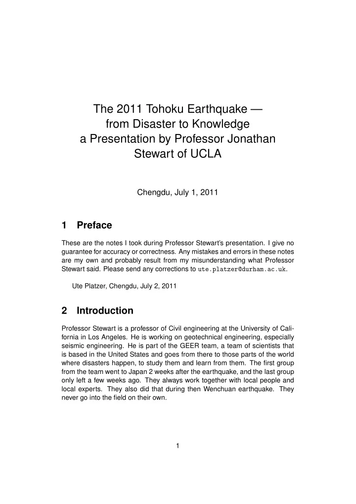 the 2011 tohoku earthquake from disaster to knowledge a