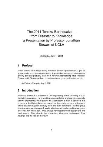 The 2011 Tohoku Earthquake   from Disaster to Knowledge  a Presentation by Professor Jonathan