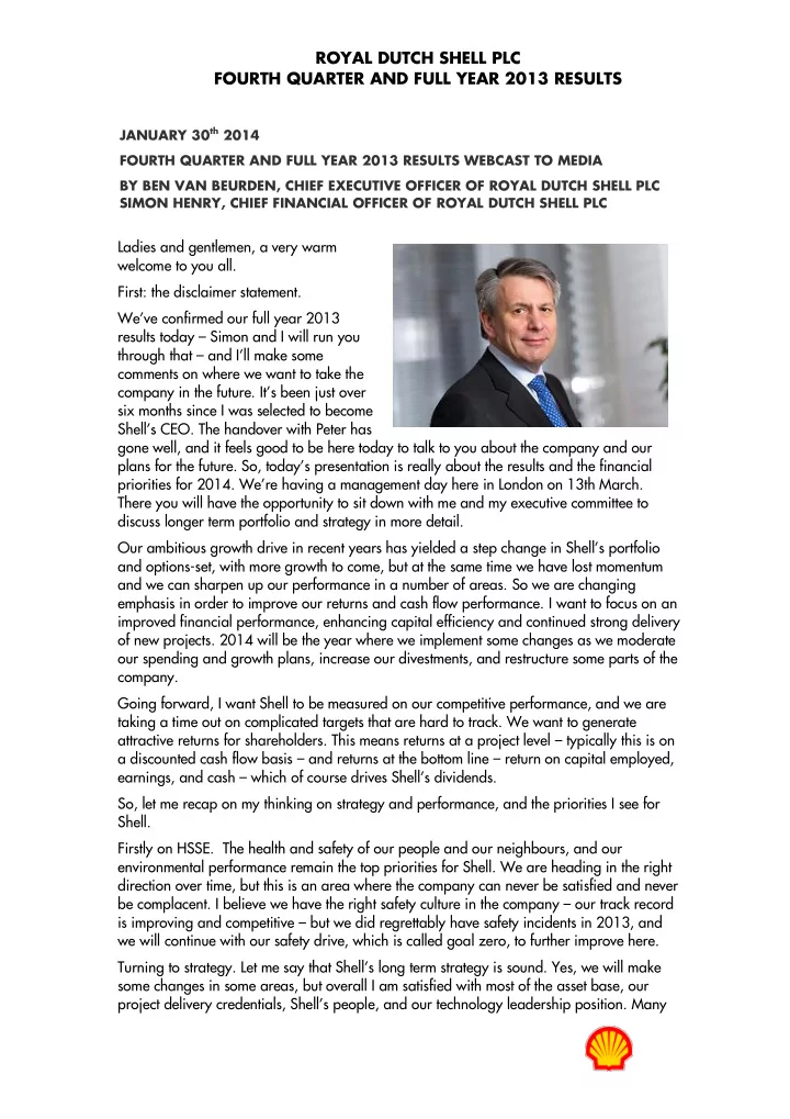 royal dutch shell plc fourth quarter and full year 2013