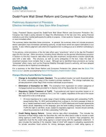 Dodd-Frank Wall Street Reform and Consumer Protection Act  Preliminary Assessment of Provisions