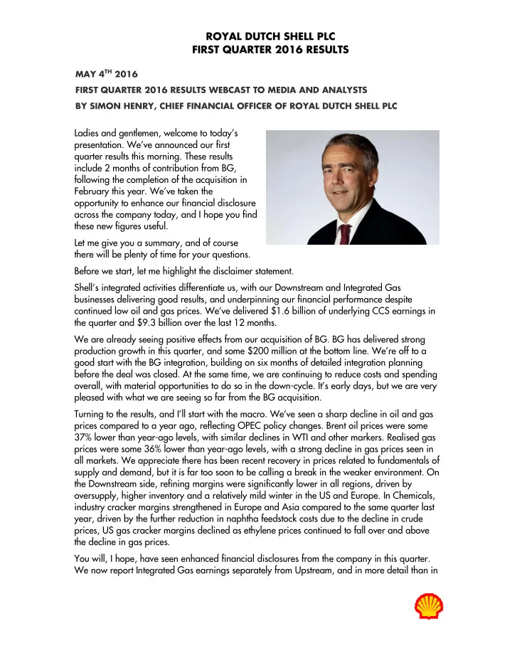 royal dutch shell plc first quarter 2016 results may 4 th