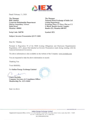 IEX  INDIAN ENERGY EXCHANGE  Dated: February 11, 2020  The Manager  The Manager  BSE Limited