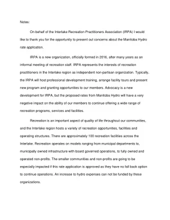 Notes:  On behalf of the Interlake Recreation Practitioners Association (IRPA) I would  like to