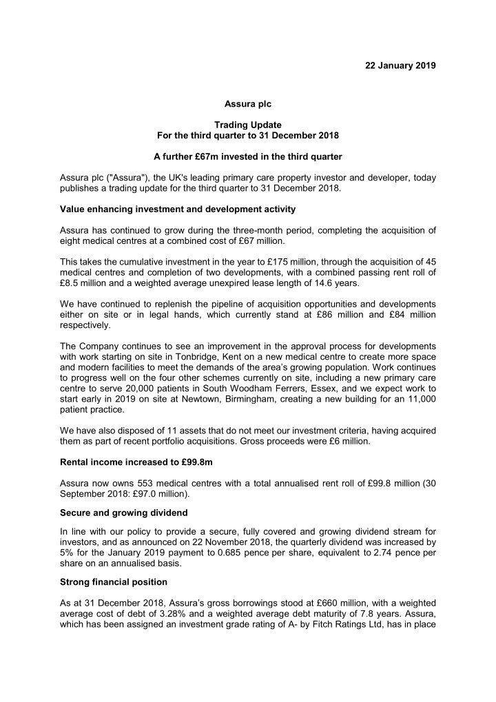 22 january 2019 assura plc trading update for the third