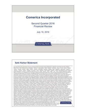 Comerica Incorporated  Second Quarter 2016  Financial Review  July 19, 2016  Safe Harbor Statement