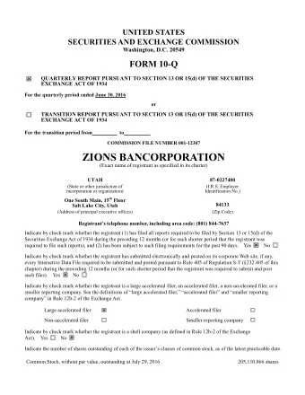 ZIONS BANCORPORATION  (Exact name of registrant as specified in its charter)  UTAH  87-0227400