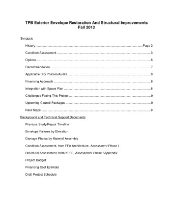 TPB Exterior Envelope Restoration And Structural Improvements  Fall 2013  Synopsis
