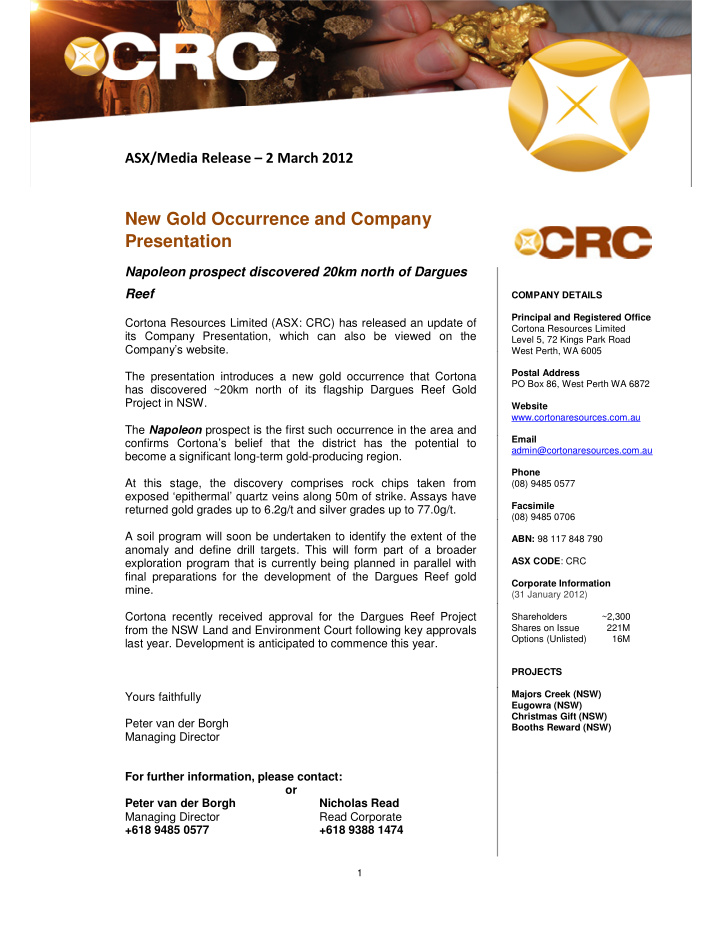 new gold occurrence and company presentation