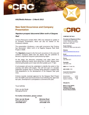 New Gold Occurrence and Company  Presentation  Napoleon prospect discovered 20km north of Dargues