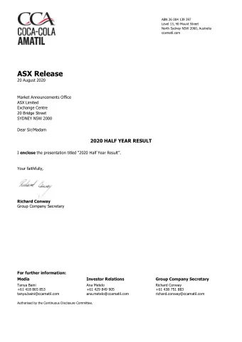 ASX Release  20 August 2020  Market Announcements Office  ASX Limited  Exchange Centre  20 Bridge