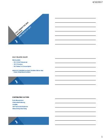 4/10/2017  GOLF RELATED INJURY  PREVALANCE:  -  60% Of Golf Professionals  -  40% Of Amateur  -